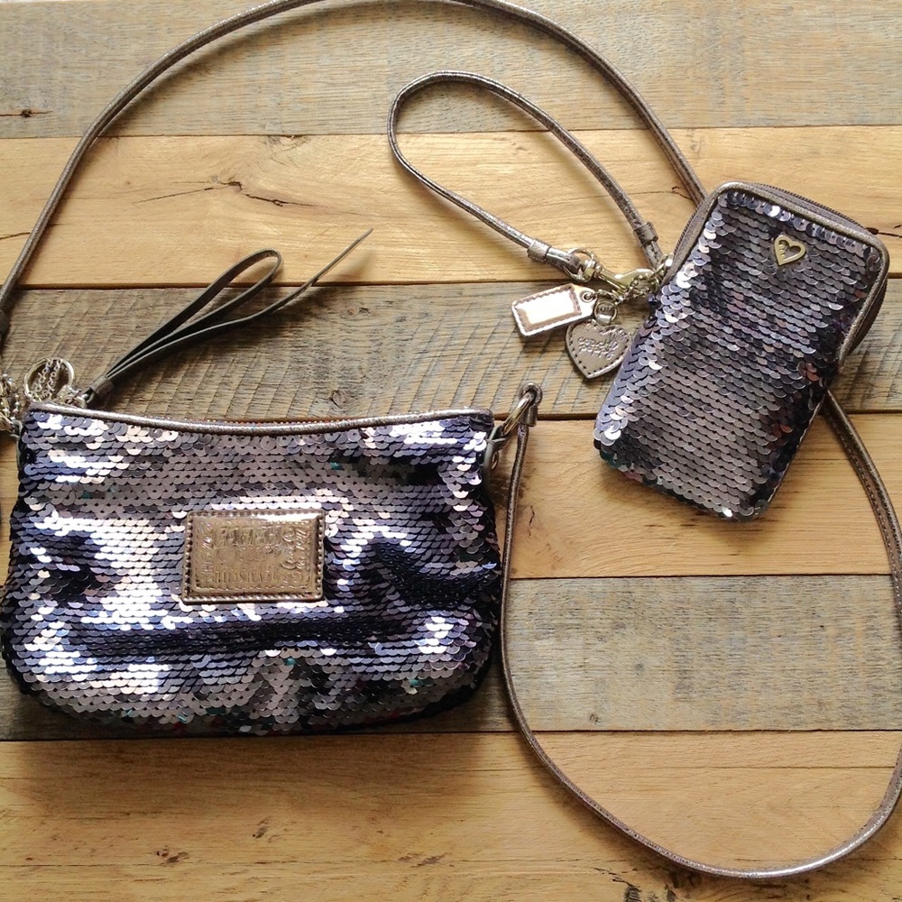 Coach Poppy Sequined Uni Pop Dusty Gray Graphite Bag & Matching Wristlet